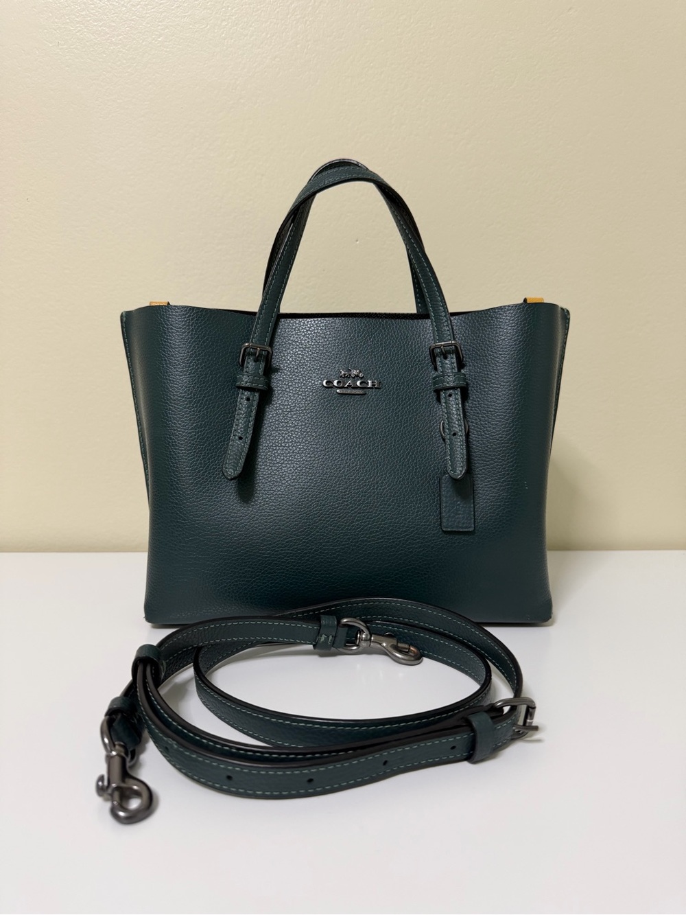 Coach Mollie Tote Bag 25 with Crossbody Strap Green Pebble Leather Style# C4084